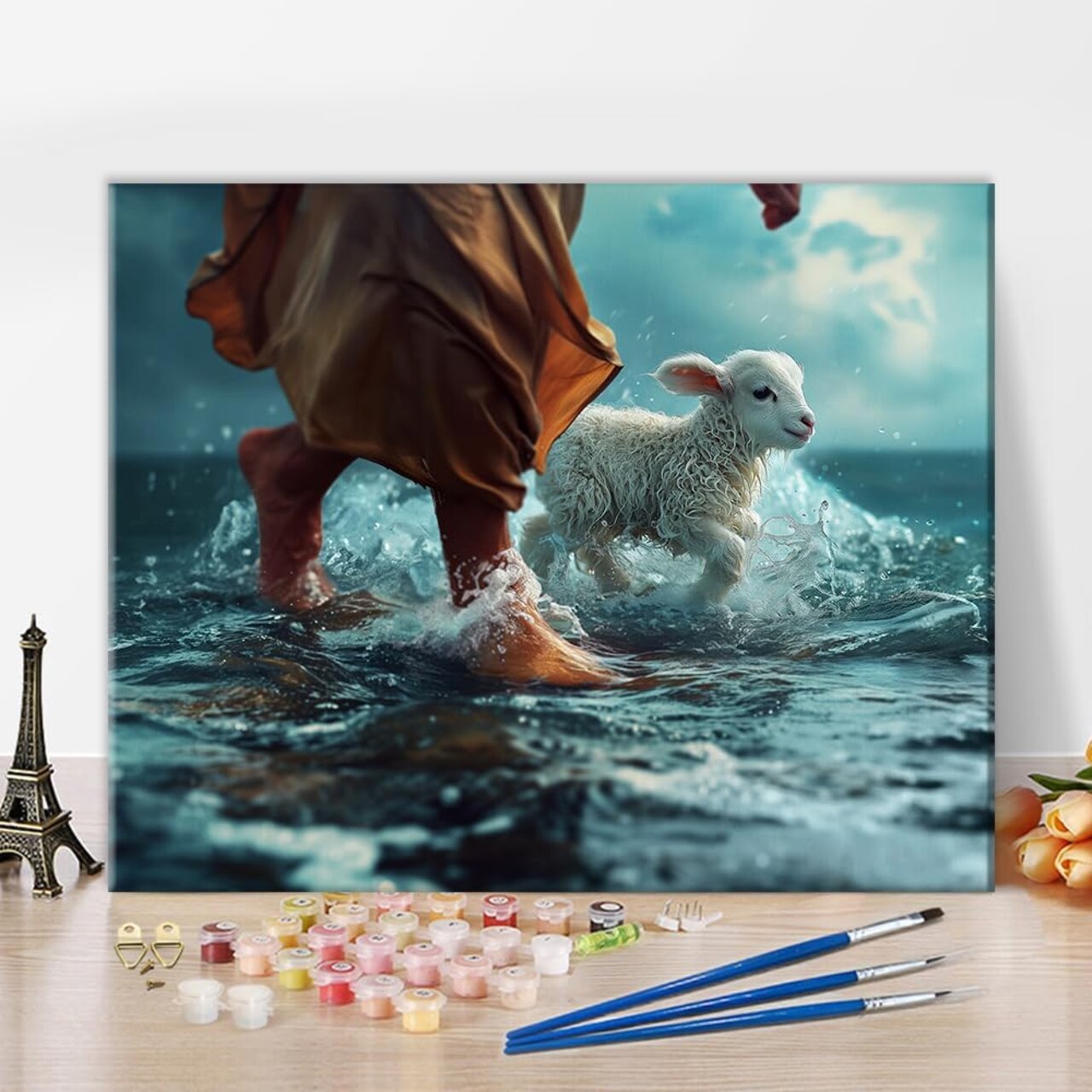 Jesus Paint by Numbers Kit for Adults, 16×20 in – “Jesus Walks with a Lamb” DIY Canvas Painting